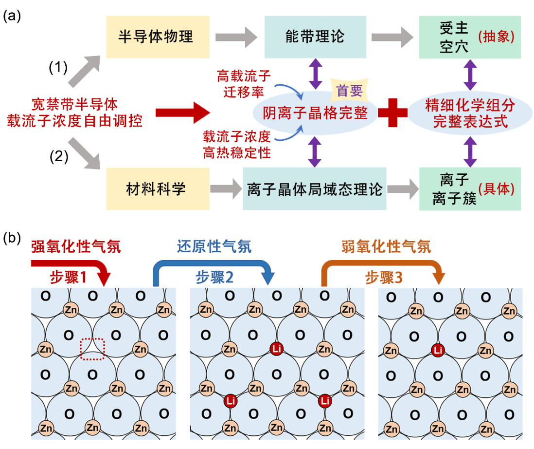 实现宽禁带半导体载流子浓度自由调控的（a）“立体”理论与（b）多部热力学过程策略（以p-ZnO制造为例）